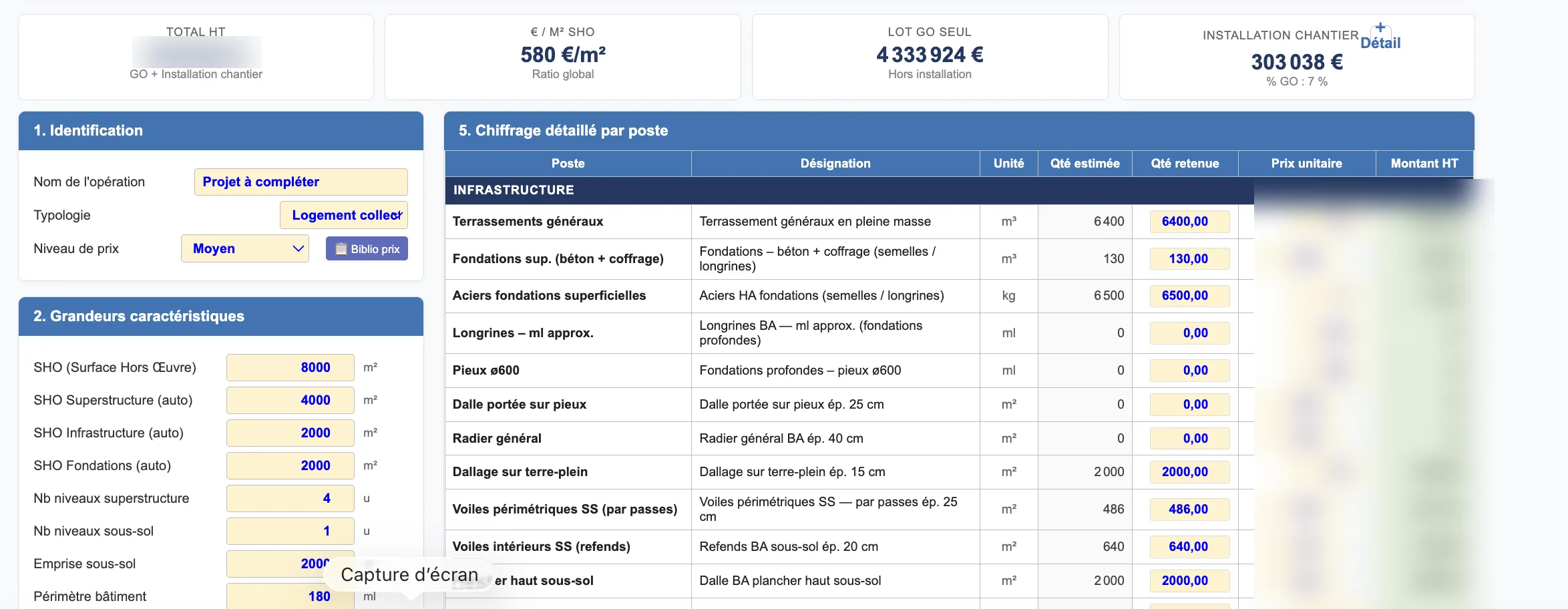 Écran de paramétrage du projet